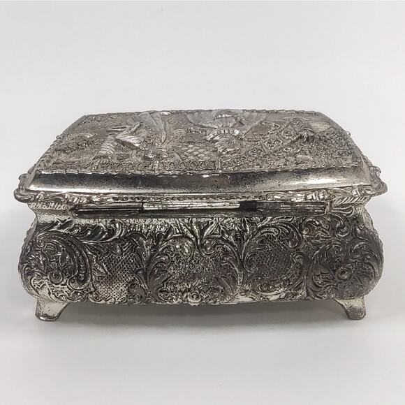 VTG Japanese Silver Trinket Jewelry Ring Box Footed Embossed Metal Lidded Lined - Picture 5 of 12